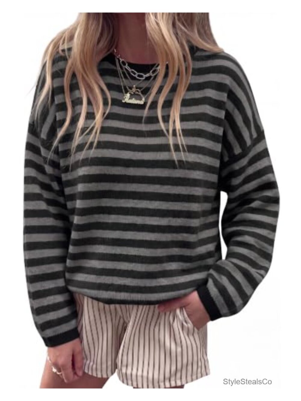 Oversized Striped Crewneck Pullover Sweater Loose Fit Y2K Retro